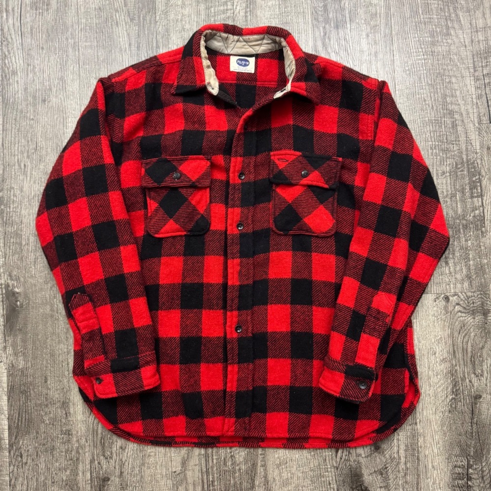 Vintage 50s 60s Pilgrim Buffalo Plaid Wool Button Shirt L/XL - Picture 1 of 6